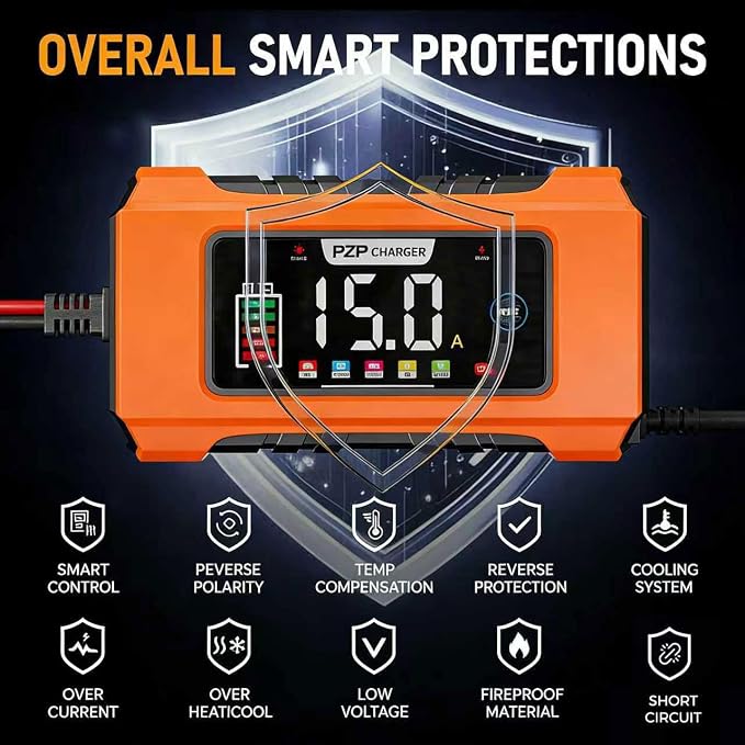 PZP 15-Amp 12V/24V Smart Battery Charger, Maintainer & Trickle Charger for LiFePO4, Lead Acid Batteries - Fully Automatic 9-Stage Charging w/Temp Compensation for Motorcycle Car Truck Lawnmower Boat