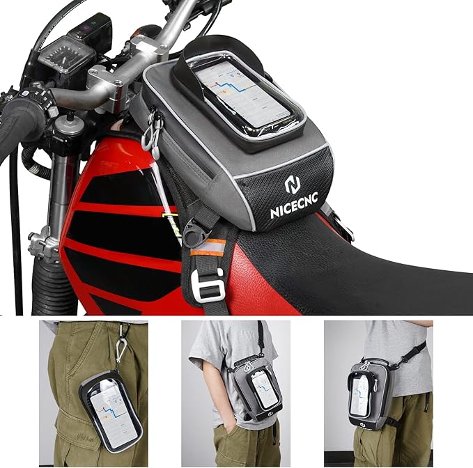 NICECNC Motorcycle Gas Tank Bag, Detachable Anti-Slip Base Portable, 5 Reinforced Straps, Motorcycle Leg Waist Bag Storage Bag Universal for Men Women Cycling Hiking Running Adventure Dual Sport