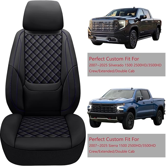Silverado Seat Covers 2007-2026 Front Pair, Truck Interior Sets Custom Fit for Chevy Chevrolet Silverado GMC Sierra 1500/2500/3500HD Crew/Double/Extended Cab with Lumbar Support, Black Blue