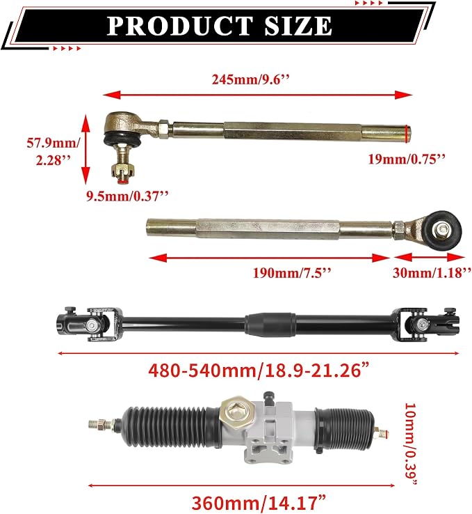 110cc Go Kart Steering Kits 270mm/10.6'' Steering Wheel 360mm/14.2'' Rack Pinion Adjustable Shaft Tie Rod Ends Assembly for DIY Electric 110cc 125cc 150cc Go Kart Golf Buggy UTV Off-road