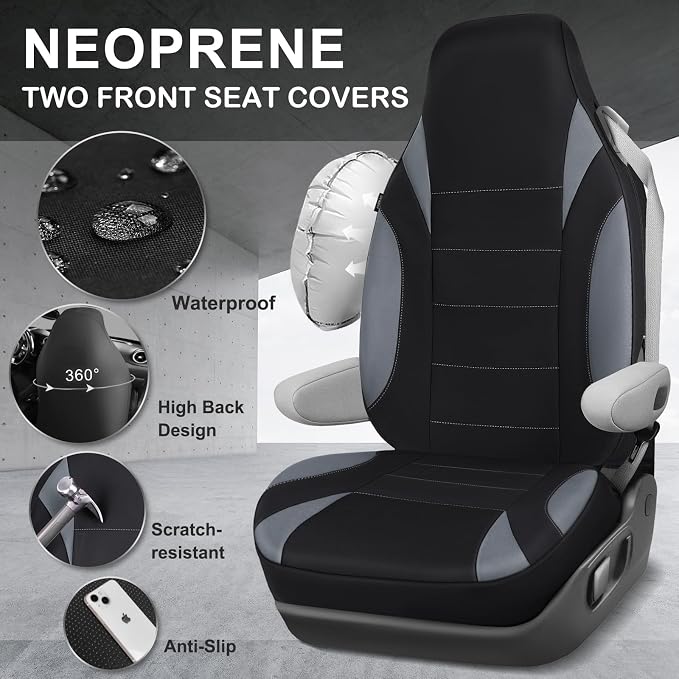 CAR PASS Waterproof High Back Car Seat Covers Front Seats with Armrest Gray | Neoprene Bucket Seat Cover, Airbag and Armrest Compatible, Built-In Seatbelt Universal Fit for Cars,Truck, Van, SUV