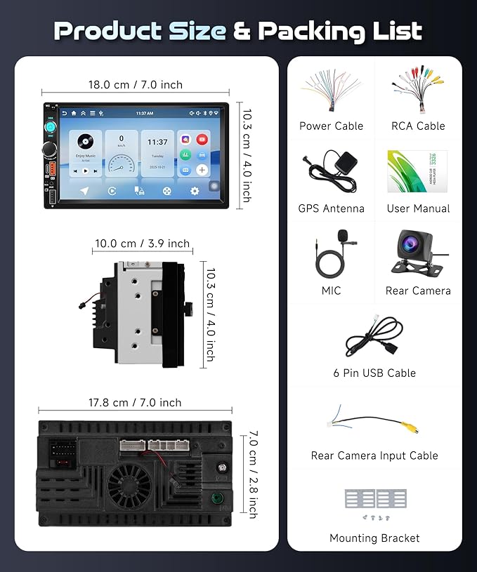 Android 15/4+64G Car Radio Double Din Car Radio with Wireless Carplay&Android Auto,7 inch 1280*720P IPS TouchScreen Car Audio Receivers with WiFi GPS EQ BT5.0 FM/RDS Radio Mirror Link AHD Rear Camera