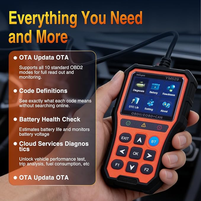 Nilight YM529 Smart Wireless OBD2 Scanner with Wireless Update - Professional Car Diagnostic Tool with 2.8" IPS Screen - Auto Code Reader for Check Engine Light & Wireless Update, 1996-2026 Vehicles