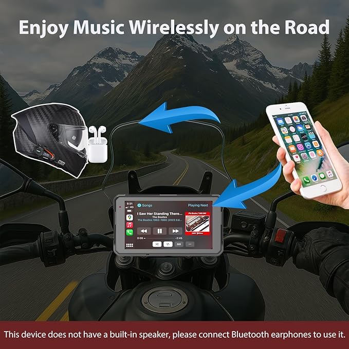 Sunweyer 5" Portable Motorcycle Touchscreen with Wireless CarPlay & Android Auto, TPMS, Wireless GPS Navigation, Dual Bluetooth, IP68 Waterproof, Easy Installation (W16)