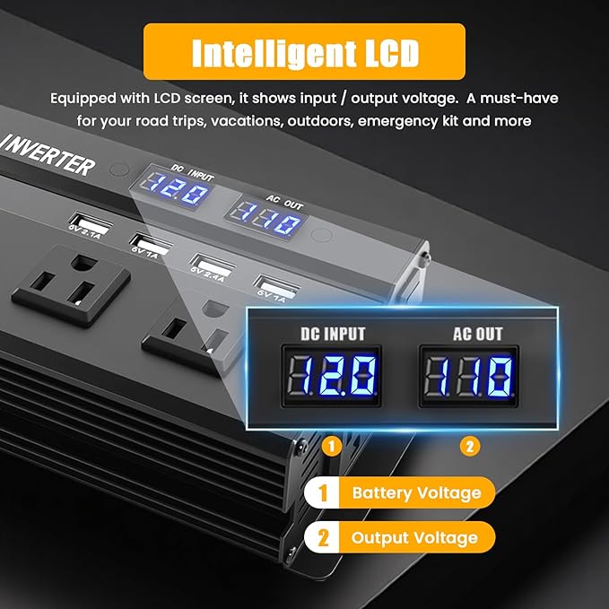ALSO GO 1200W Power Inverter, 12v to 110V AC Car Inverter with Fast Charging 2.4A USB and 3 AC Outlets Ideal for Road Trips, Camping, RV, Truck, Solar, and Vehicle Power Needs