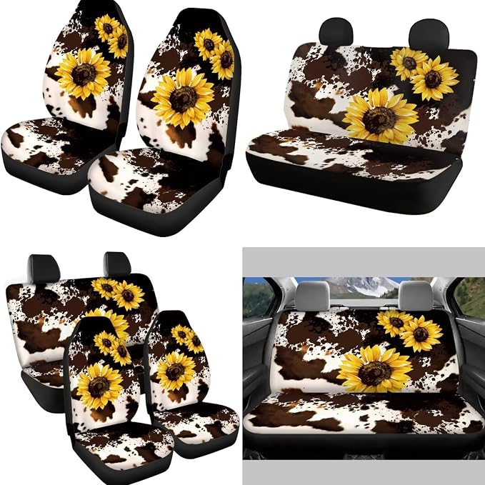 Brown Cow Sunflower Car Seat Covers 12Pcs Cow Car Accessories Interior Sets with Universal Fit Auto Steering Wheel Covers Seatbelt Pads Keychain Cup Holder Coaster for Women,Men,Fit Most Cars