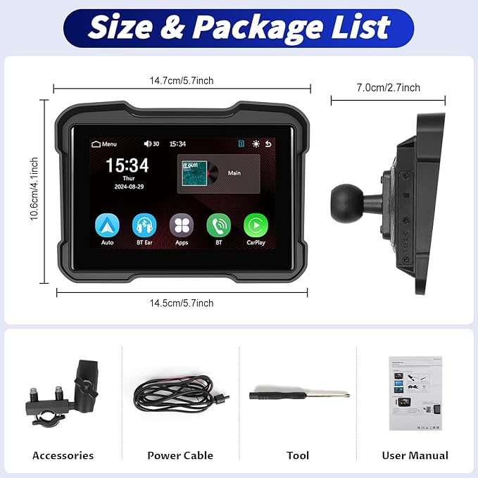 5 Inch IPS Waterproof Portable Motorcycle CarPlay Screen with Wireless CarPlay&Android Auto,GPS Navigation,Bluetooth,EQ,TF Port,Voice Control,IP67 Waterproof