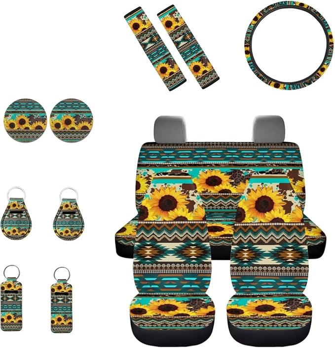 INSTANTARTS Sunflower Car Seat Cover Set Southwest Africa Aztec Steering Wheel Cover Seat Belt Cover Coaster Keychain Lipstick Holder 13PCS Auto Accessories