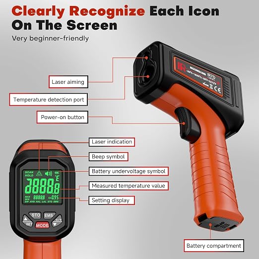Infrared Thermometer Gun, -58°F to 3272°F, High Temp 50:1 | Built for Kilns, Furnaces & Industrial Maintenance • Fast 0.5s Response • Data Storage Function