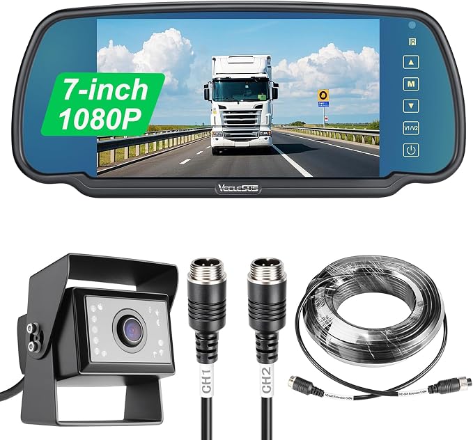 Backup camere System for Truck, VECLESUS VBS 1080P 7-Inch Mirror Monitor Backup Camera System, HD IR Night Vision, Waterproof Rearview Camera,2 Video 2 Audio Inputs, for Trucks,RVs,Vans,SUVs and Cars