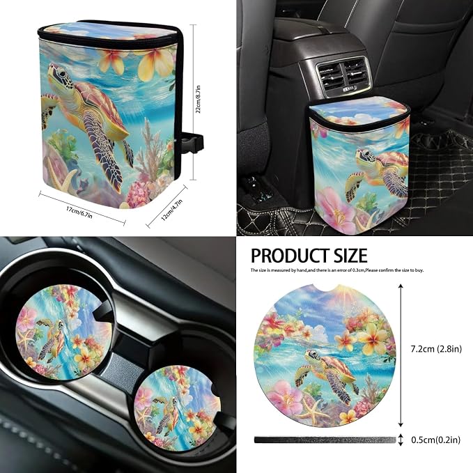 Suobstales Turtle Starfish Plumeria Print Car Accessories Set of 13, 4 Car Seat Covers, 1 Steering Wheel Cover, 1 Trash Can, 2 Seat Belt Covers, 2 Coasters, 1 Rearview Mirror Cover, 2 Keychians