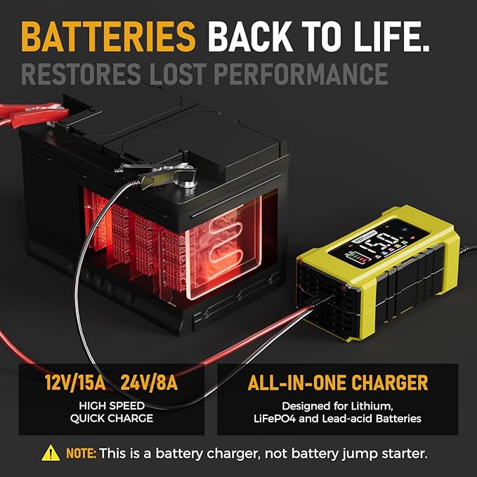 PZP 15-Amp 12V/24V Smart Battery Charger, Maintainer & Trickle Charger for LiFePO4, Lead Acid Batteries - Fully Automatic 9-Stage Charging w/Temp Compensation for Motorcycle Car Truck Lawnmower Boat