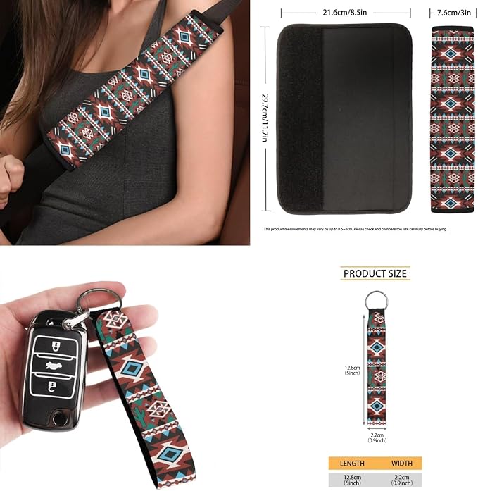 Geometric Tribal Aztec Car Accessories Car Seats Cover Protector, Steering Wheel Covers, Seatbelt Cover, Car Trash Can, Cup Coasters, Rearview Mirror Cover, Keychains, Pack of 15