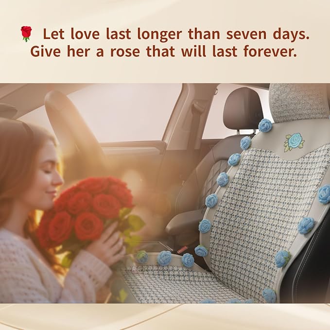 Universal Seat Covers for Cars,SUVs&Trucks,Handmade 3D Blue Rose Seat Protector,Leather&Houndstooth Cotton-Linen Floral Seat Cover,Cute Car Accessories for Women (1-Piece)