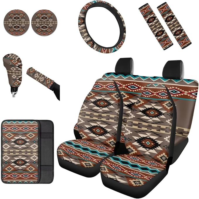Dreaweet Geometric Aztec Car Seat Covers Full Set Southwestern Native American Seat Covers with Steering Wheel Cover,Center Console Cover,Seat Belt Pads,Coasters,Gear Shift & Handbrake Cover,12 Pcs