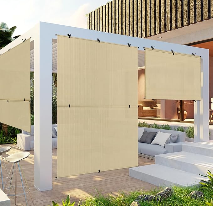 Coarbor Outdoor Roller Shades 7'W x 10.5'H Porch Sun Shades Outdoor Roll Up Blinds for Patio Porch Gazebo Balcony Backyard, Beige