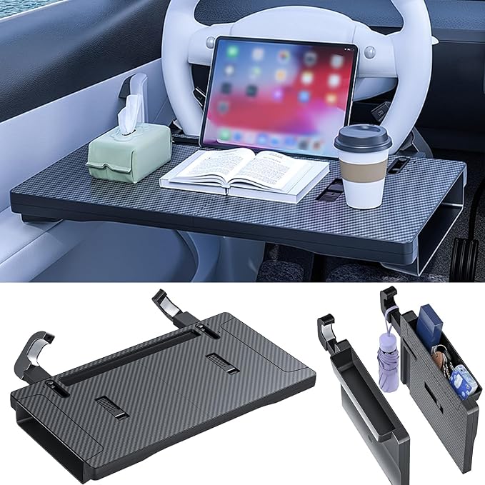 Carbon Fiber 3-in-1 Steering Wheel Tray Table & Car Seat Gap Filler Organizer & Centre Console Storage Box | Foldable Adjustable Car Desk/TableTray for Laptop, Eating & Work (【Foldable】 3-in-1) | Detachable Seat Gap Filler，0-30° Adjustable Angle，3-in-1...
