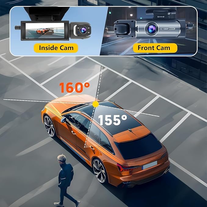Dashcam Front and Inside,Car Camera Dash Cam for Cars,Driving Recorder with IR Night Vision,Loop Recording,Wide Angle Lens,3.16 Inch IPS Screen,Parking Mode (Black)