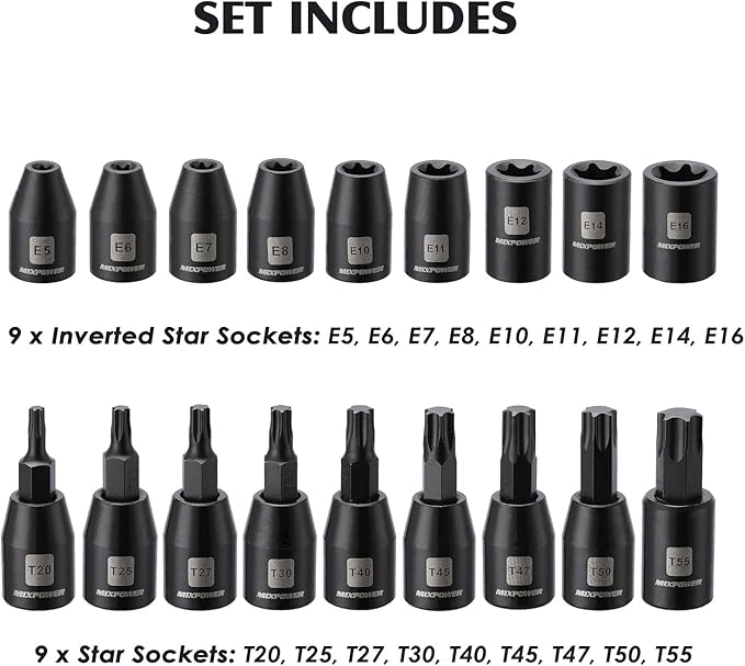 MIXPOWER 3/8'' Drive Master Impact Socket Set, 87-Piece Deep & Standard SAE and Metric,CR-MO, 1/4-Inch to 3/4-Inch and 6-19 mm, Impact Universal Sockets, Inverted Star Sockets, Extension Bar & Adapter