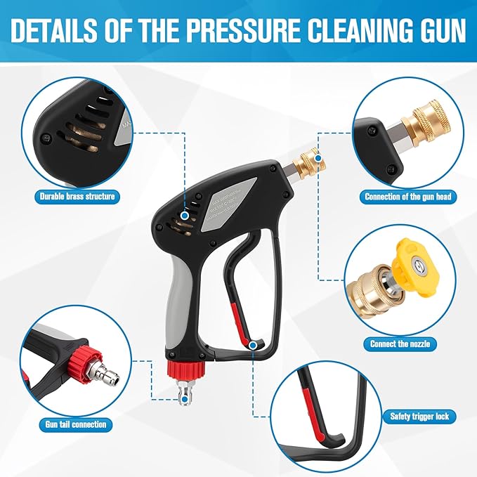 Short Pressure Washer Gun, Pressure Washer Gun with Nozzle Tips, 3/8" Quick Connect Plug and M22-14mm Fitting, 5000 PSI