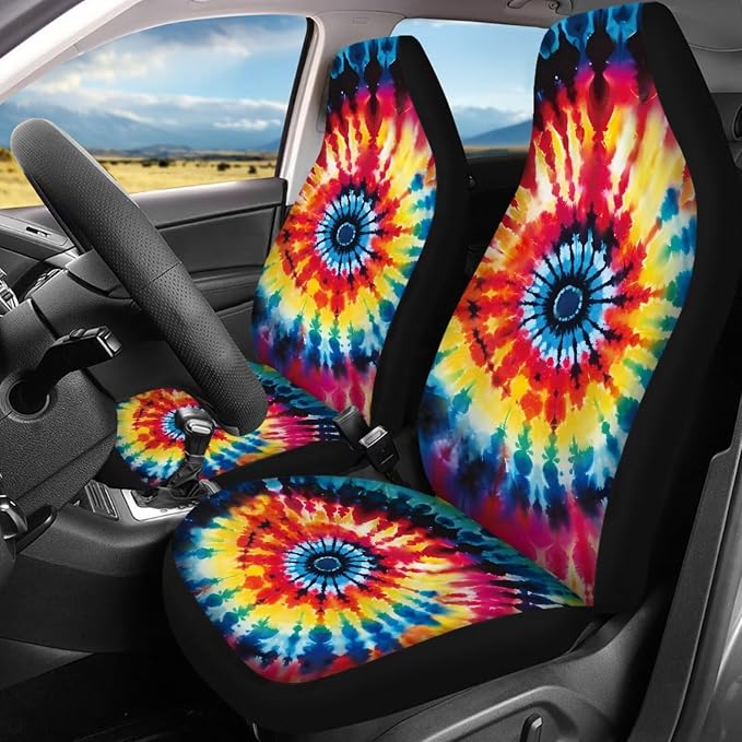 17Pcs Tie Dye Car Seat Covers Full Set with Front and Split Rear Bench,Steering Wheel Cover,Heavy Duty Floor Mats Colorful Tie Dye Car Accessories for Women Universal Fitf or Most Car SUV