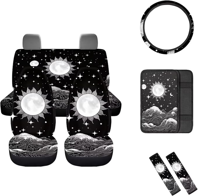 Mumeson Moon Car Seat Covers with 15 Inches Car Rubber Steering Wheel Cover 2 Pack Car Seatbelt Cushion Covers Soft Armrest Cover Universal Fit Cars Truck SUVs Van Most Vehicle