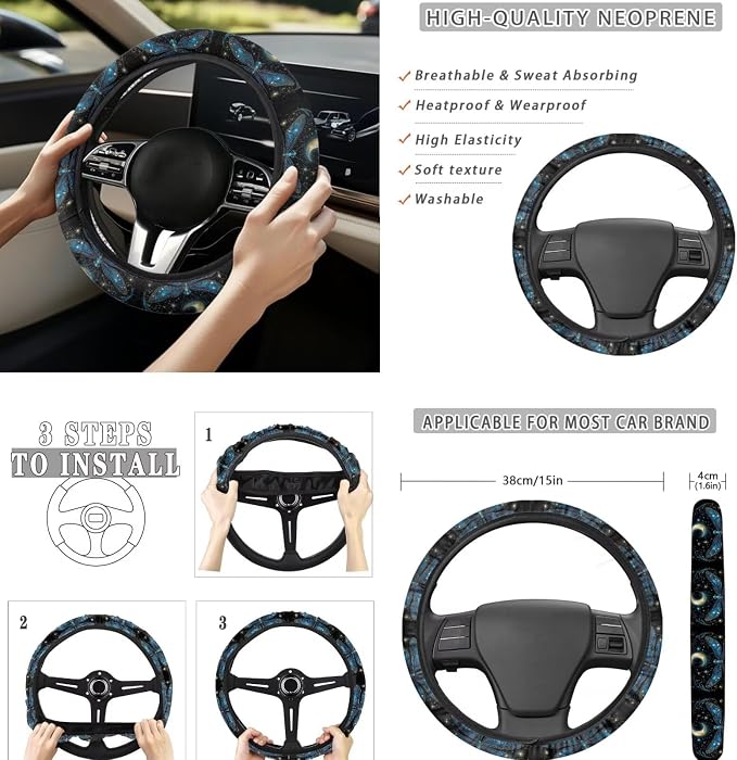 8 Pcs Moon Dragonfly Car Seat Covers Full Set Car Accessories for Women Front Seat Cover Steering Wheel Armrest Cover Seat Belt Cover for Auto SUV Interior Decoration