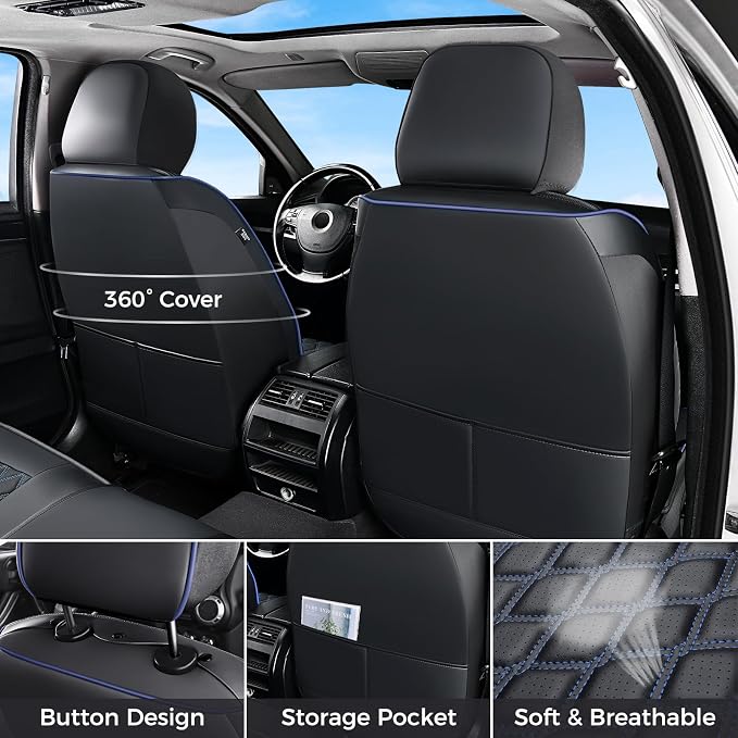 Huidasource Silverado Seat Cover, Sierra Seat Cover fit for Chevy Silverado/GMC 1500 2014-2018, 2500HD 3500HD 2015-2019 Crew Double Extended Cab, Nappa Leather Seat Covers (Full Set/Blue)