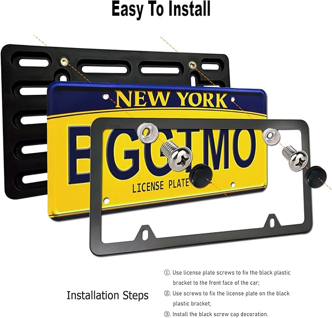 BGGTMO Front License Plate Mounting Kit- License Plate Bracket Holder Frame- Universal Bumper Car Tag Frame Mount Adapter with Stainless Steel Screw Cap, Cable Ties