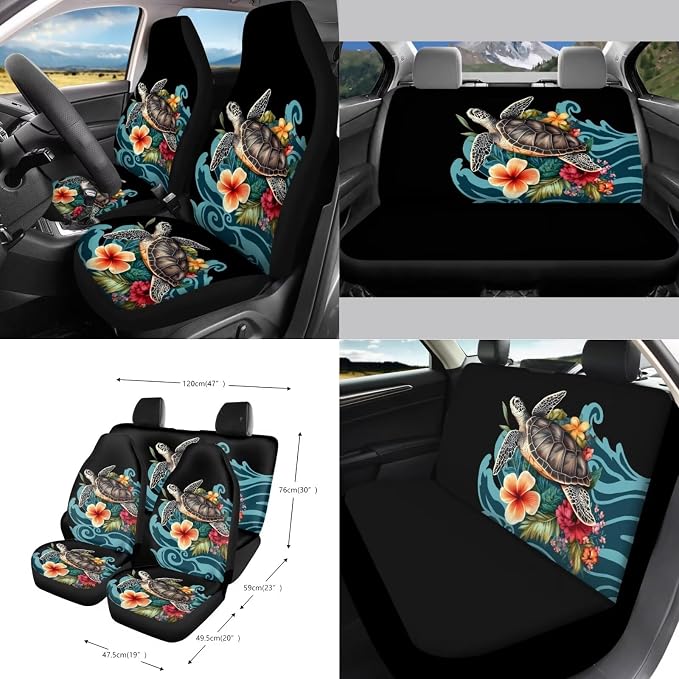 Sea Turtle Plumeria Pattern Auto Interior with Full Set Car Seat Covers Steering Wheel Cover Keychain Trash Can Seat Belt Covers Air Vent Storage Pocket Cup Holders Mirror Covers