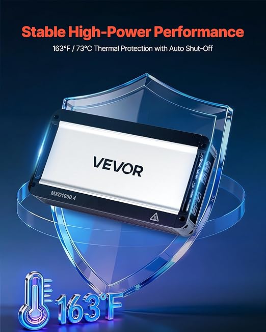 VEVOR 4 Channel Car Audio Amplifier 2 Ohm Stable Bridgeable Class D Full Range Amp Max Power 4 x 500W @ 4 Ohm / 4 x 1000W @ 2 Ohm for Car SUV Truck Off-Road