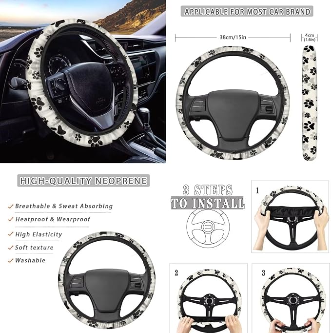 Dog Paw Print Car Seat Covers Full Set with Car Steering Wheel Cover Auto Center Console Pad Cover Seat Belt Pads 8 Pcs Automotive Interior Accessories Set for Women