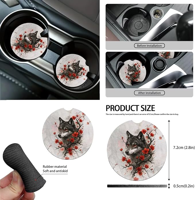 Wolf Plum Blossom Pattern Car Accessories Set of 15, Full Set Seats Covers Auto Streering Wheel Cover Trash Bin Seat Belt Covers Keychain Coasters Air Vent Storage Bag
