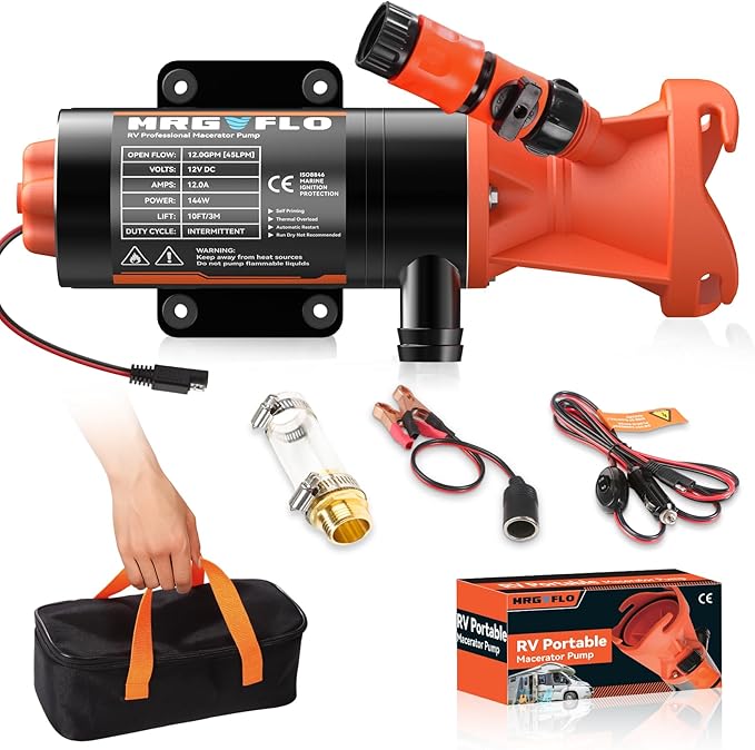 12V RV Portable Macerator Waste Pump for Sewage,12GPM Suction 3.2 feet Lift 10 feet with Garden Hose Discharge Port,Quick Release Sewage Pump with Fresh Water Rinse and Automatic Crushing Function