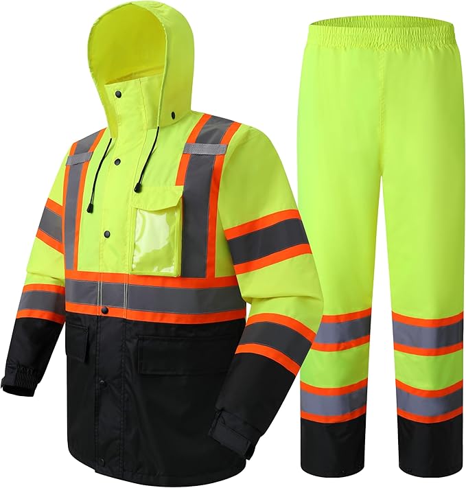 JKSafety Hi-Vis Reflective Safety Rain Jacket and Pants for Men Women Waterproof Rain Gears for Farming Fishing Work HV Rain Suit with Inner Mesh Lining and Pockets (117-Yellow 3XL)