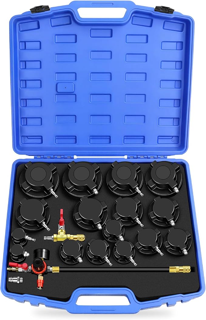 YSTOOL Turbo System Leakage Tester Kit 18Pcs Turbo Boost Leak Tester Set with 8 Pairs of Stepped Adapters (1-1/4" to 4-1/4") Air Pressure Gauge, for Radiators Cooling Emission Exhaust Pipes Testing