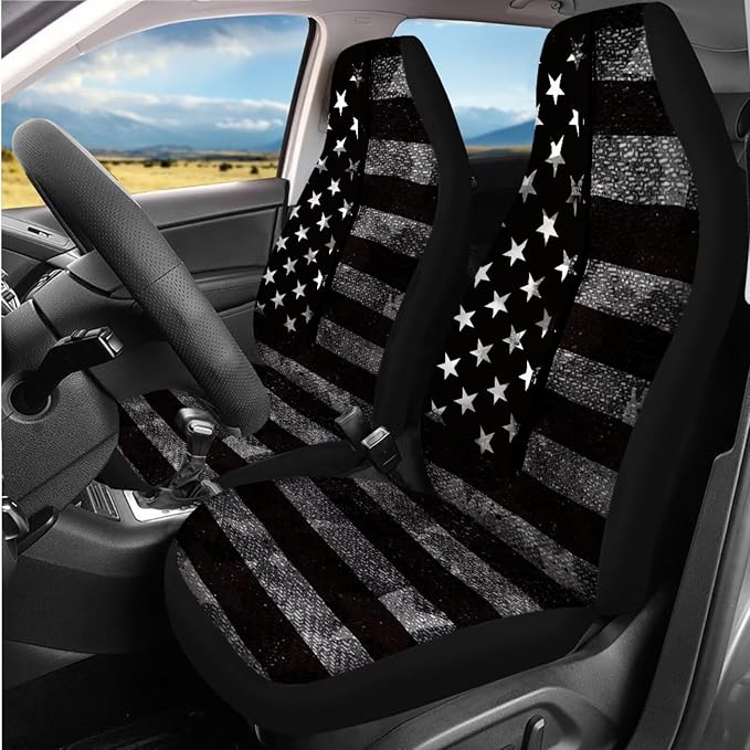 8 Pcs Gray American Flag Car Accessories Set, Car Seat Covers Full Set with Auto Steering Wheel Cover Center Console Pad Seat Belt Covers, Patriotic Decorations