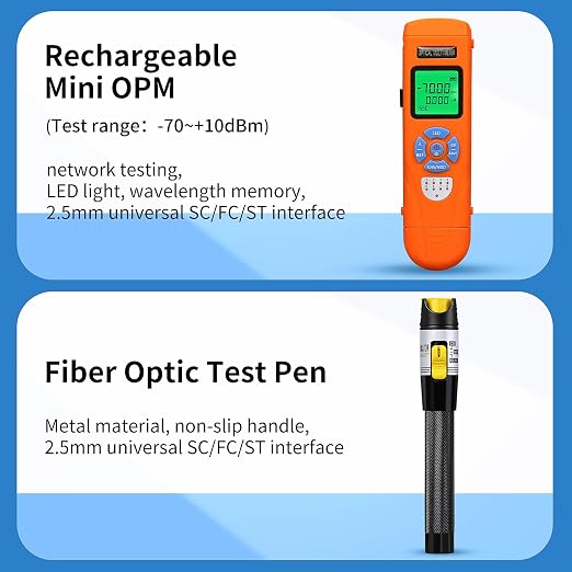Fiber Optic Termination Tool Kit 11-in-1 Equipped Rechargeable Optical Power Meter L-C7 (-70 - +10 dBm) & VFL, Fiber Cleaver X5 and Wire Stripping Pliers, FTTH Hot melt/Cold Connection Tool Kit