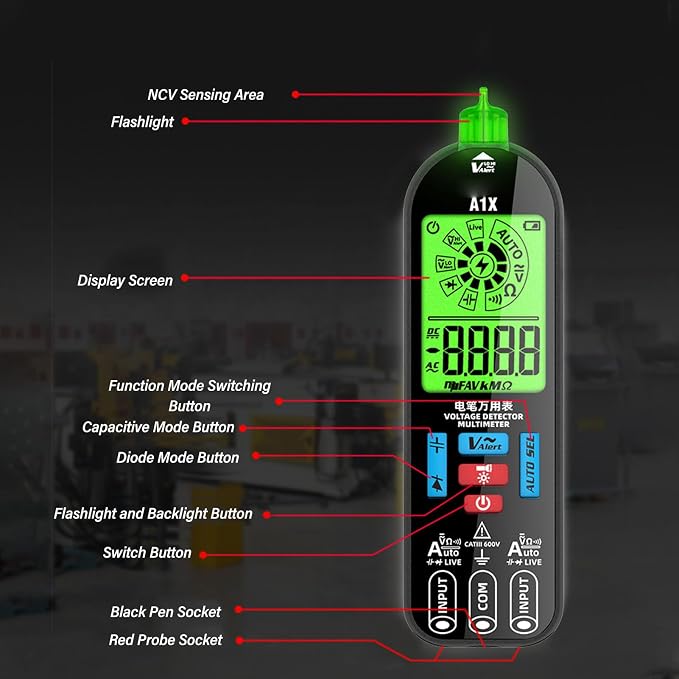 Digital Multimeter - Diode Test & Capacitance Meter, AC/DC Voltage, Continuity Test, Rechargeable Voltmeter with 2 Probes