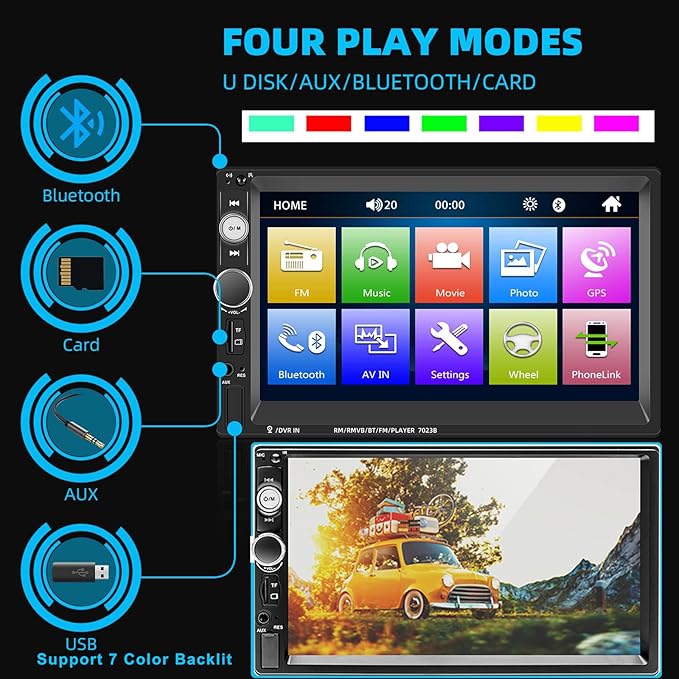 UNITOPSCI Double Din Car Stereo 7 Inch Touch Screen Car Audio Radio with Bluetooth Audio Hands-Free Calls Backup Camera FM Radio Receiver Car MP5 Player Support Mirror Link AUX-in USB TF Input