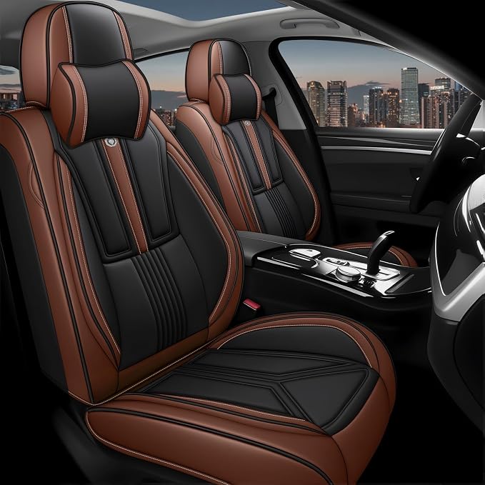 Arazi Fit for 90% of Mercedes-Benz Seat Covers, 360° Full Wrap Original Seat Cover, Waterproof Nappa Leather Seat Covers with Big Space Storage Pocket Seat Protector（5 Seats Luxury, Black&Brown）