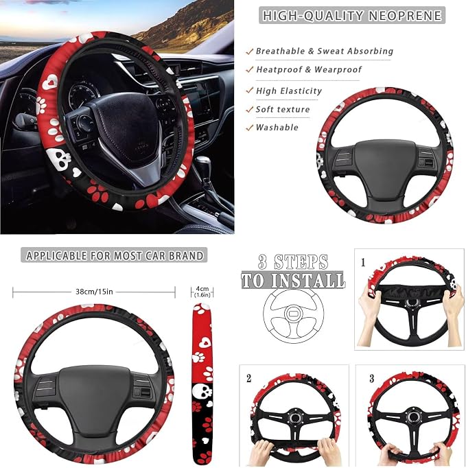 Skull Love Print Car Seat Covers Full Set Dog Paw Print Car Seat Covers Front and Back Full Set with Steering Wheel Cover Armrest Cushion Safety Belt Pads Garbage Bag Cup Coasters