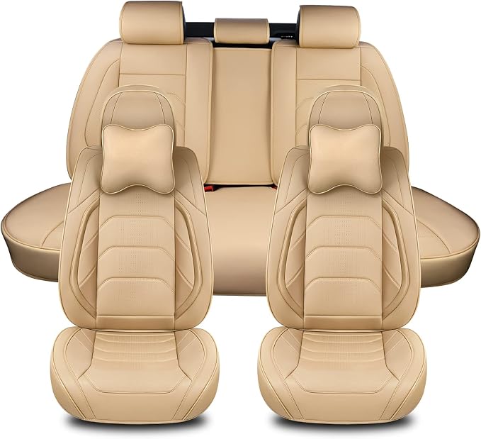 TIEHESYT Beige Car Seat Covers Full Set, Breathable Leather Automotive Front and Rear Seat Covers & Headrest for Comfortable Driving, Compatible with Most Cars Sedans SUV Pickup Trucks