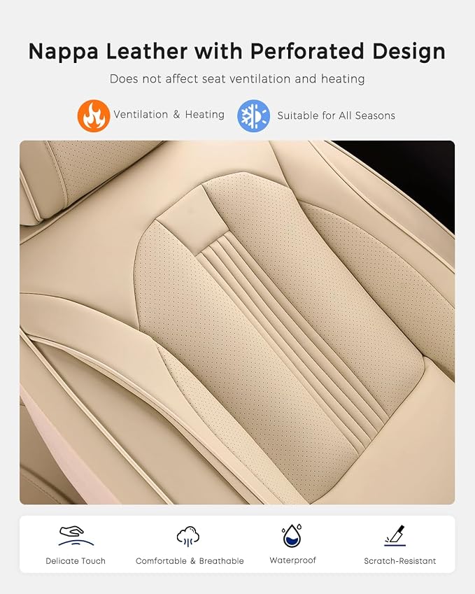 Huidasource Seat Covers Full Set, Seat Cover Nappa Leather with Lumbar Support, Side Elastic Fabric, Velcro Adjustable, Airbag, Ventilation Heating, Universal Fit for Most Cars SUV Trucks, Beige