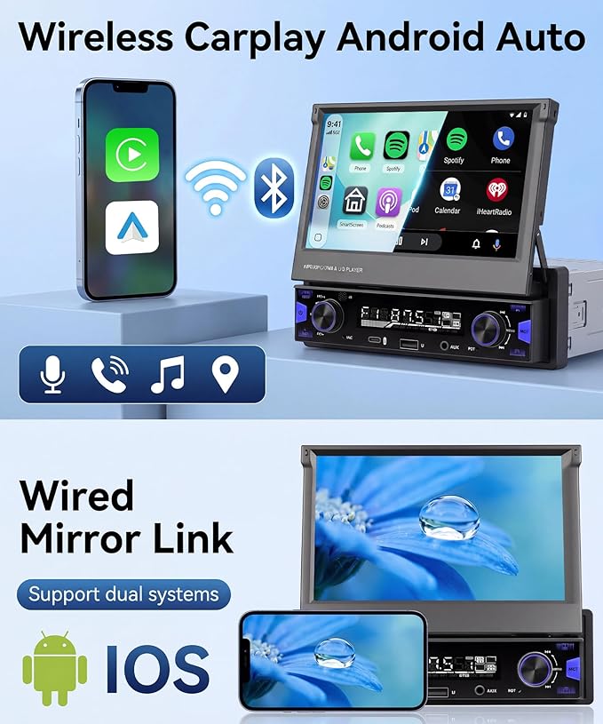 7 Inch Single DIN Flip Out Car Stereo with Wireless CarPlay & Android Auto-IPS Touchscreen, Bluetooth 5.0, Backup Camera, SWC, FM/AM Radio, Type-C Fast Charging | Universal Fit