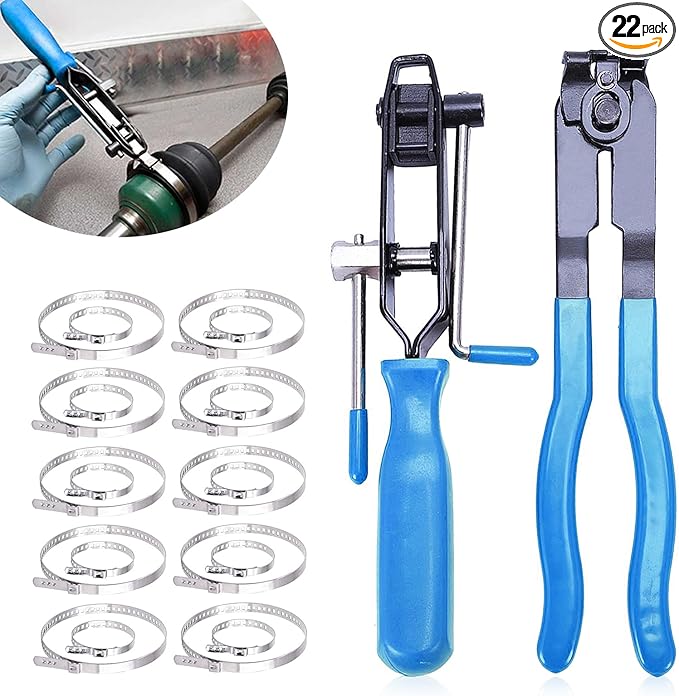 22Pcs CV Boot Clamp Pliers Set, CV Joint Ear Clamp Banding Tool, CV Axle Removal Tool, Automotive Hose Axle Plier, 2Pcs Ball Cage Dust Cover, 10 Sets of Adjustable Single Lug Ball Cage Clamps (Blue)