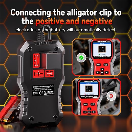 KONNWEI KW371 Battery Tester & Relay Tester 2 in 1 | 6V/12V/24V battery system tester with cranking & charging analysis. 4/5-pin relay tester. CCA 10-2000. No batteries required.