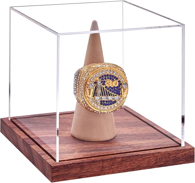 LITY Championship Ring Display Case, No Assembly Required Clear Acrylic Single Ring Holder with Wooden Stand Base for Sports Baseball Fan UV Protection(1 Pack)