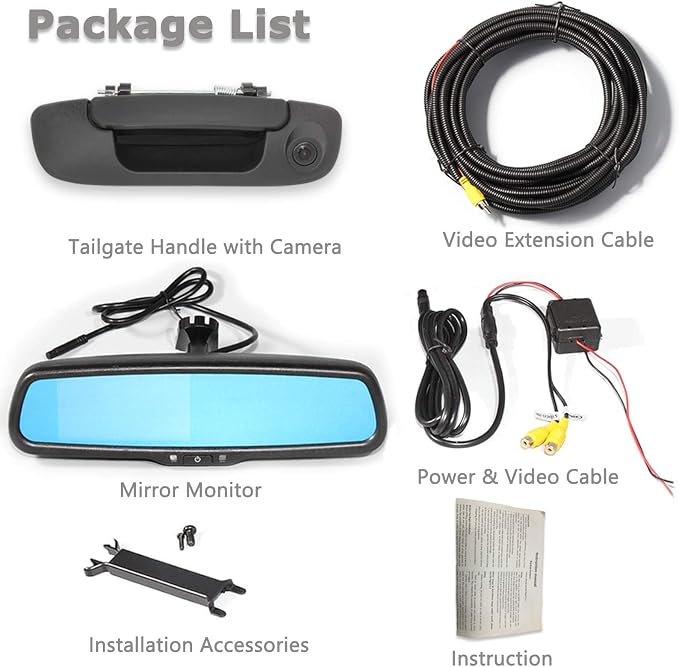 EWAY Tailgate Handle Backup Reverse Camera with 4.3 inch Rear View Mirror Monitor Kit for Dodge Ram 1500 2500 3500 2002-2008 Vehicle Safety Auto Reversing Parking Camera w/ 20FT RCA Extension Cable