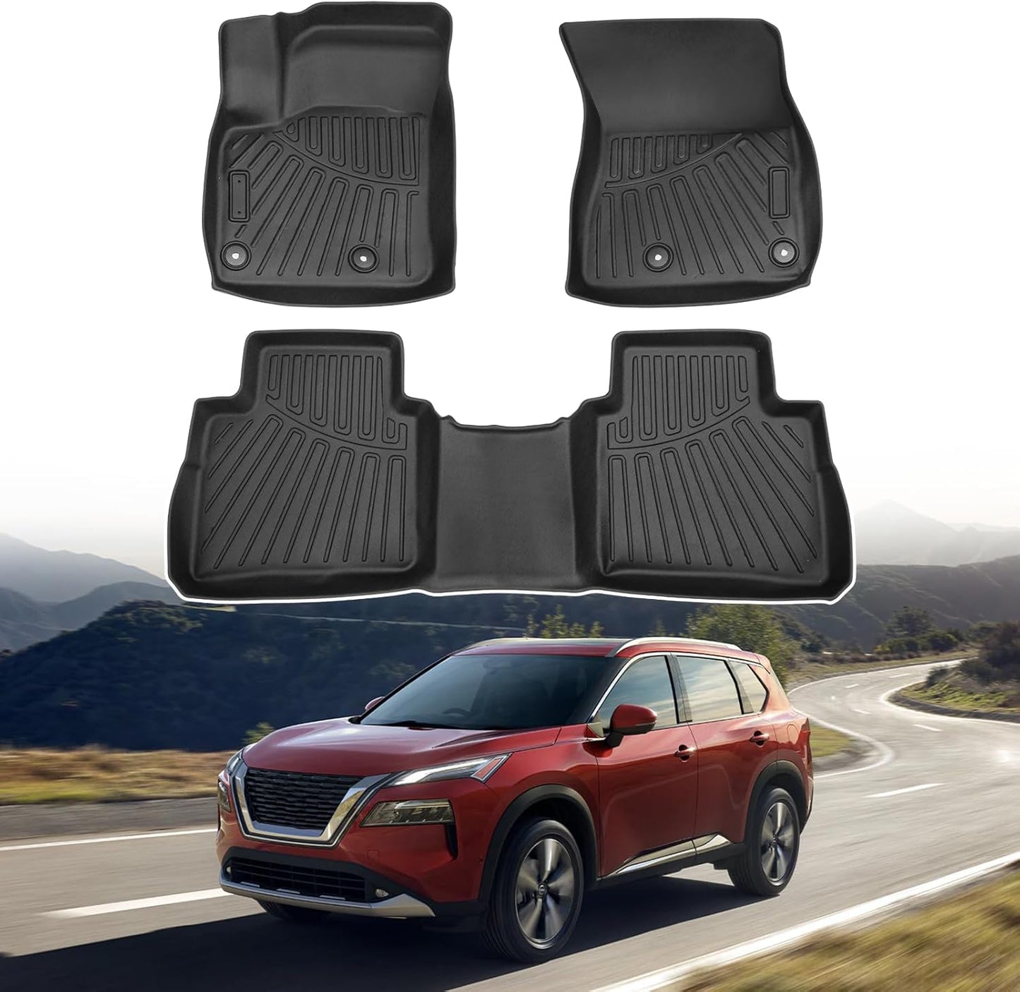 Powerty Floor Mats for 2021-2023 2024 2025 Nissan Rogue Accessories All Weather Floor Liner 3D TPE 1st & 2nd Row Floor Mat Heavy-Duty Floor Liners (NOT for Rogue Sport)